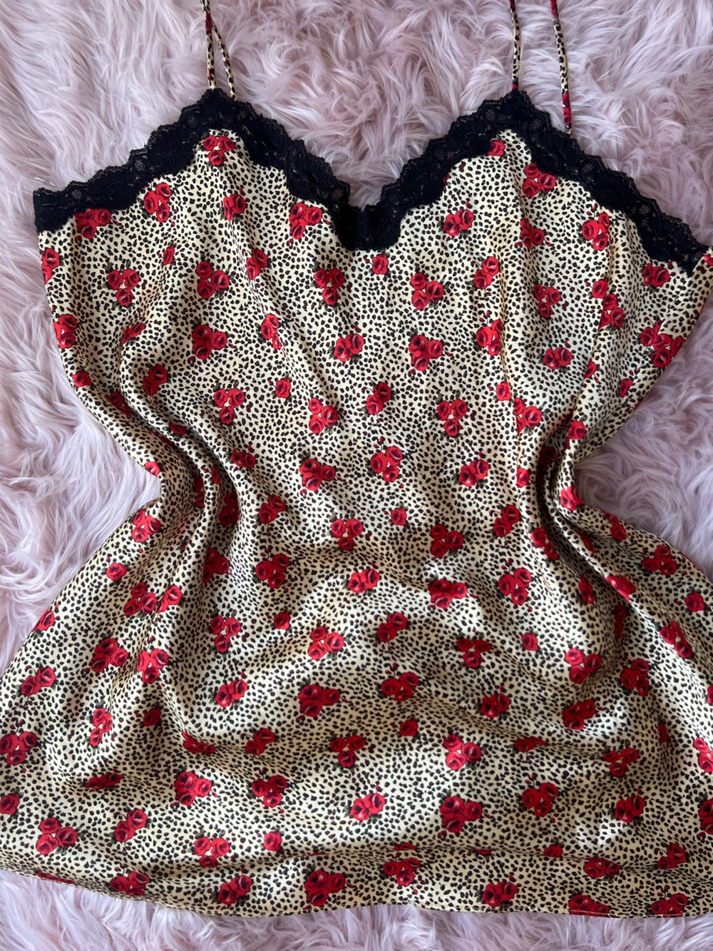 Plus Size Vintage Red Rose Print Satin Chemise with Black Lace Trim